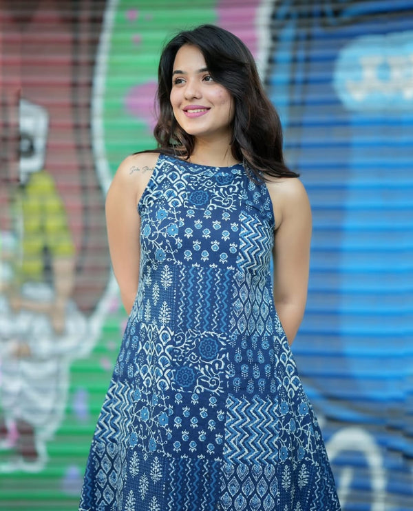 Jaipuri Blue Cotton Kalamkari Printed Kurti Pallazo Salwar Suit Set