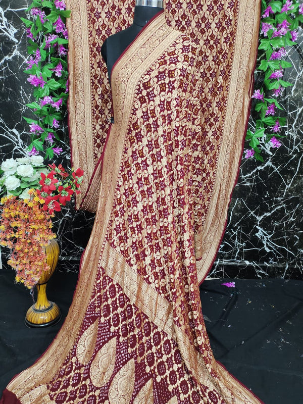 Pure Khaddi Georgotte Banarasi Nakshi Bandhej Saree Jangla Nakshi