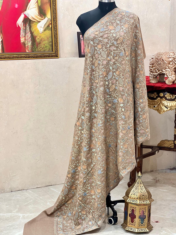 Soft Pashmina Nalki Kashmiri work Brown Kalamkari Shawl