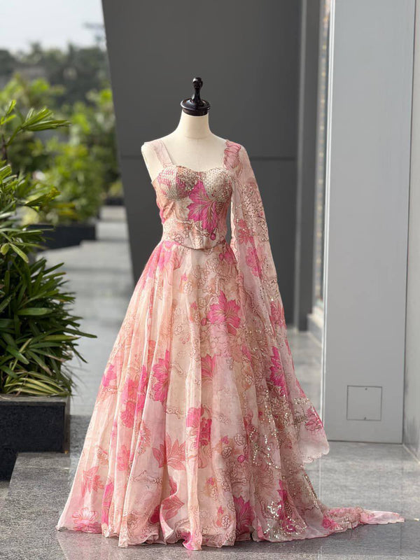 Pastel Peach Pink Floral Organza Party Wear Lehenga