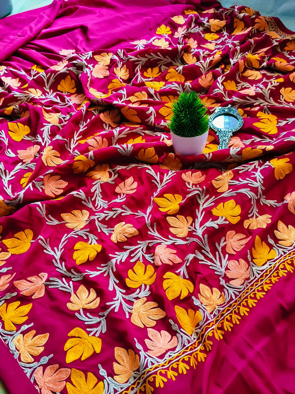 Designer Pure Kashmiri Crepe Silk Aari work Saree