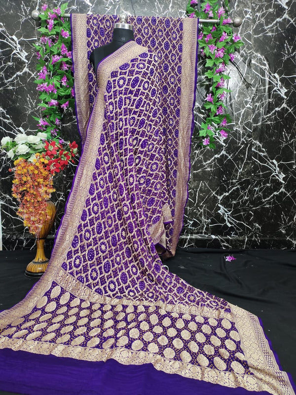 Pure Khaddi Georgotte Banarasi Nakshi Bandhej Saree in Purple