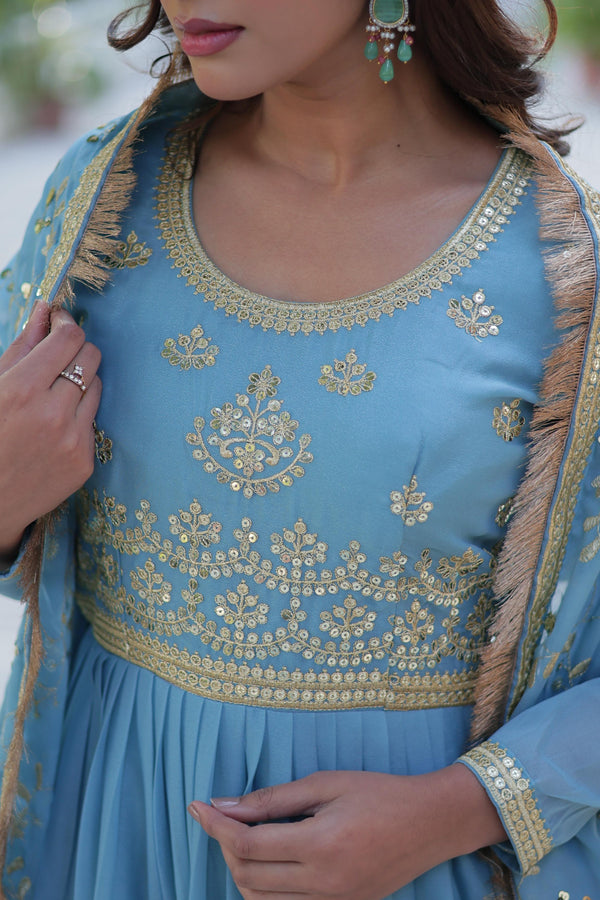 Sky Blue Georgotte Long Floor length Flairy Gown Dress