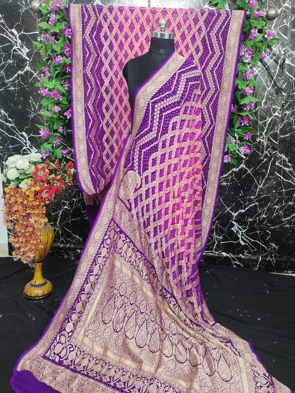 Pure Khaddi Georgotte Banarasi Nakshi Bandhej Saree in Purple Rani Pink