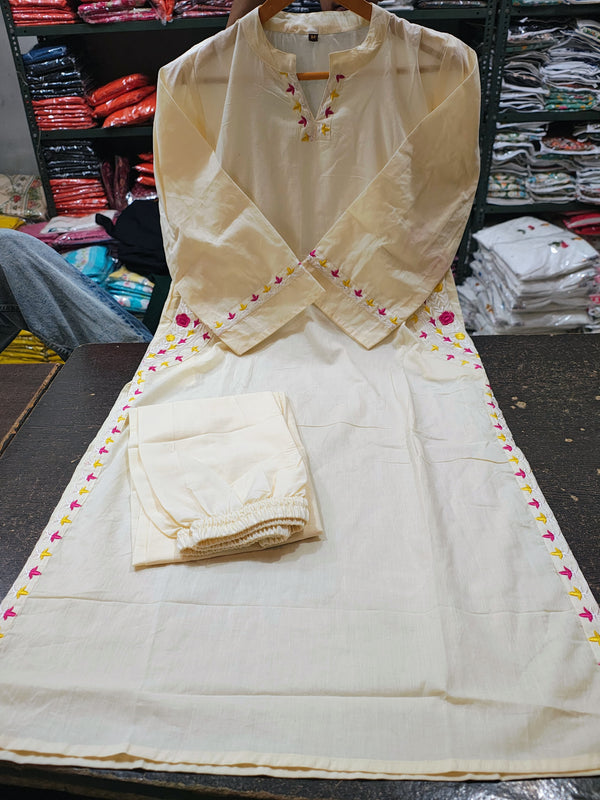 Casual Rayon Cotton Blend Embroidered Kurti Pant Set
