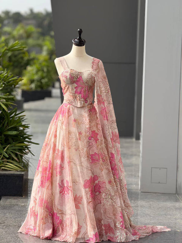 Pastel Peach Pink Floral Organza Party Wear Lehenga