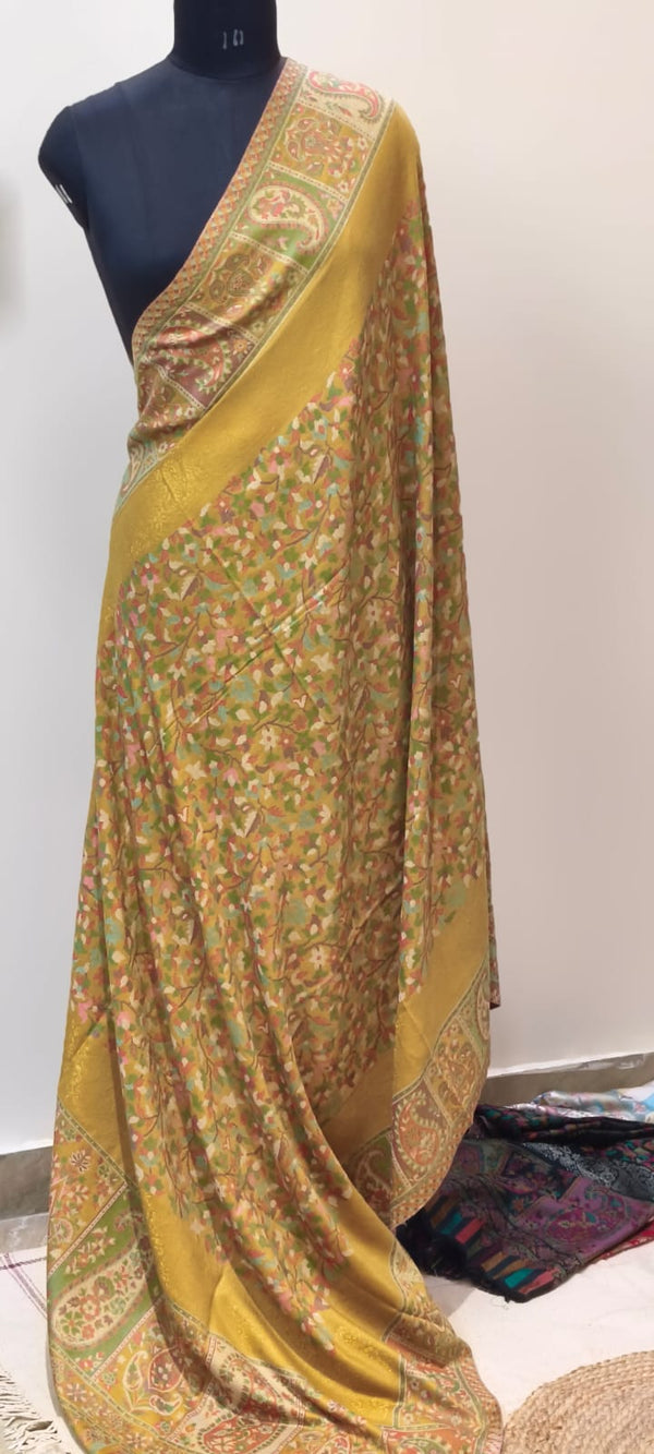 Soft Kalamkari Weaving Semi Pashmina Yellow Shawl