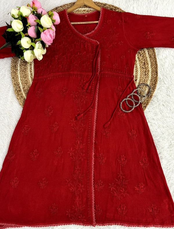 Pure Ghaspatti Chikankari Angarkha A line Kurti Top/Tunics