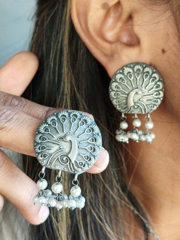 Mor Jhumkas - Antique finish German Silver Oxidized