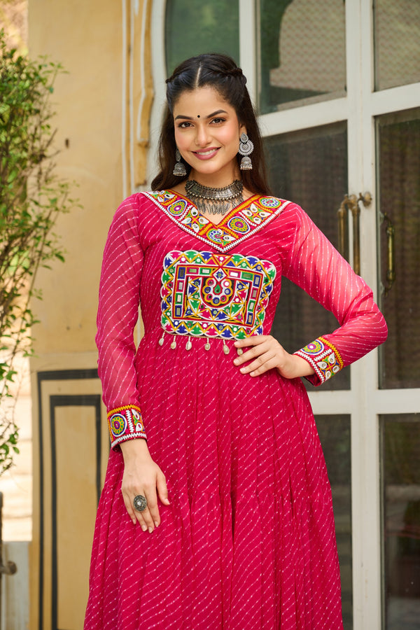 Hot Pink Rani Gamthi work Long Sleeve Fliary Ethnic Gown dress