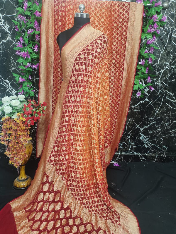 Pure Khaddi Georgotte Banarasi Nakshi Bandhej Saree in Maroon Orange