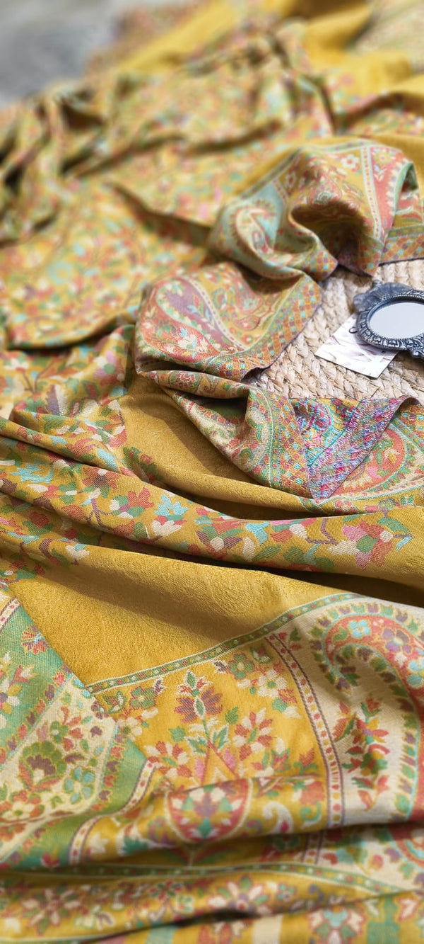 Soft Kalamkari Weaving Semi Pashmina Yellow Shawl