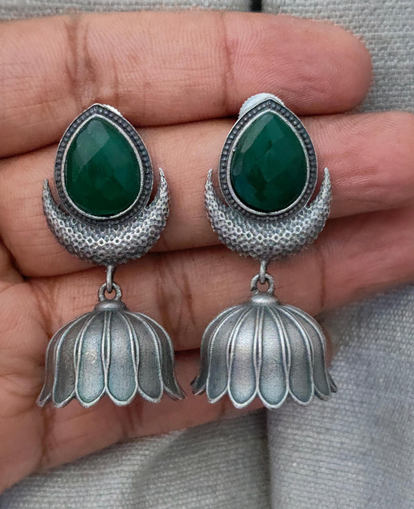 Chand Lotus German Silver Monalisa cut stone embedded Jhumka Earrings