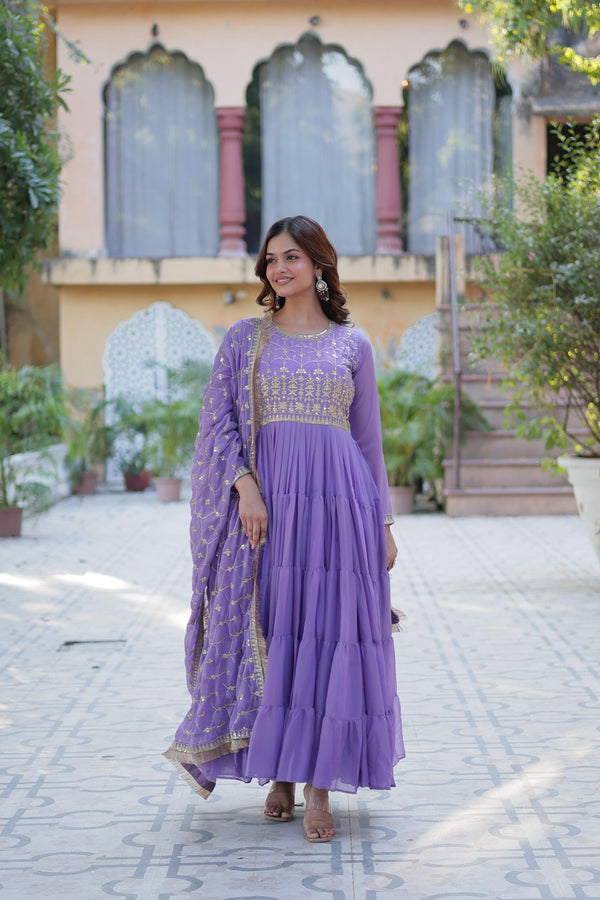 Lavender Georgotte Long Floor length Flairy Gown Dress