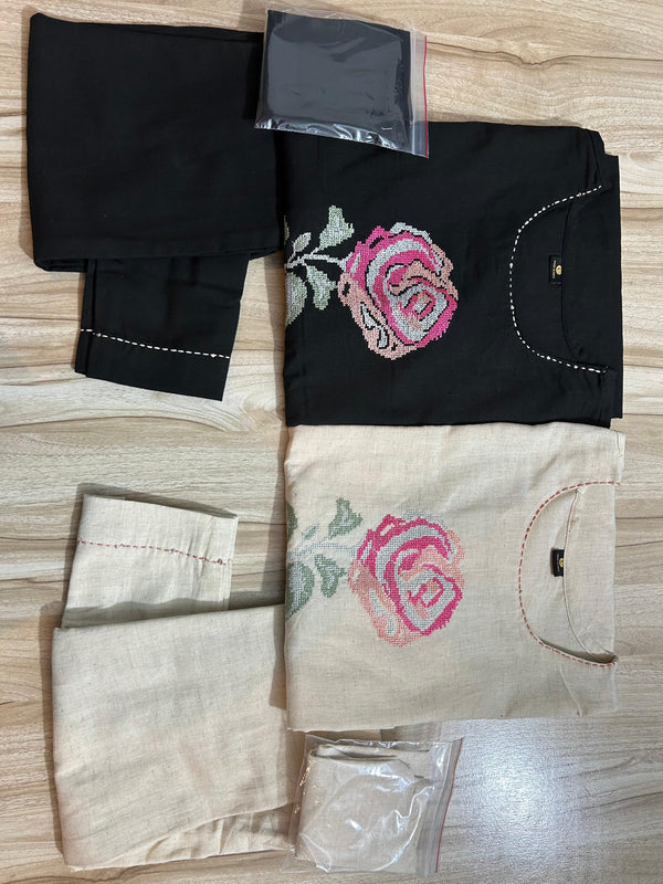 Rose Embroidery Khadi Cotton blend kurti pant set