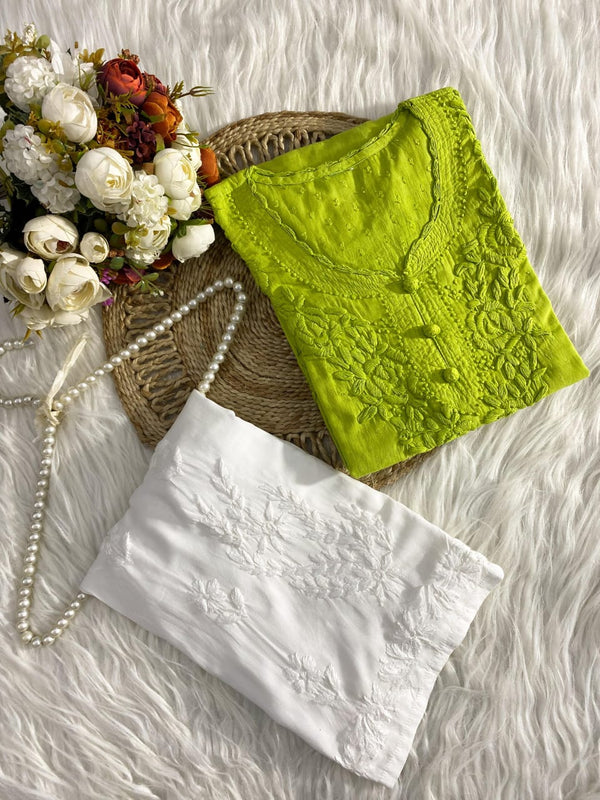 Elegant Pure Ghaspatti Chikankari Short Kurti pallazo Indowestern Set