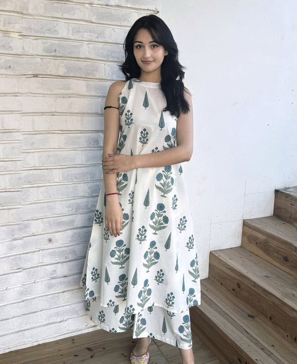 Jaipuri White Cotton Floral Printed Kurti Pallazo Salwar Suit Set