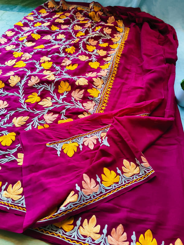 Designer Pure Kashmiri Crepe Silk Aari work Saree