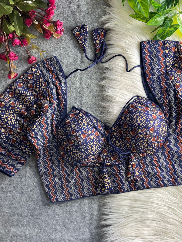 Designer Cotton Ajrakh Printed Blouse in Navy Blue