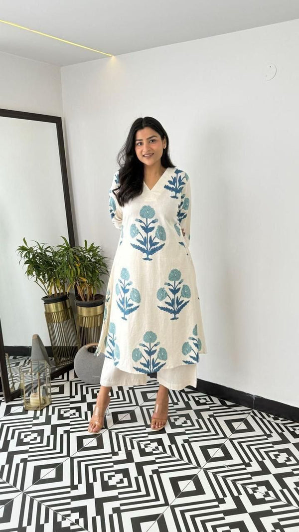 Jaipuri Mal Cotton Kalamkari Printed Kurti Pallazo Set