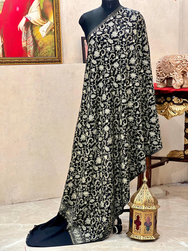Soft Pashmina Nalki Kashmiri work Black & White Kalamkari Shawl