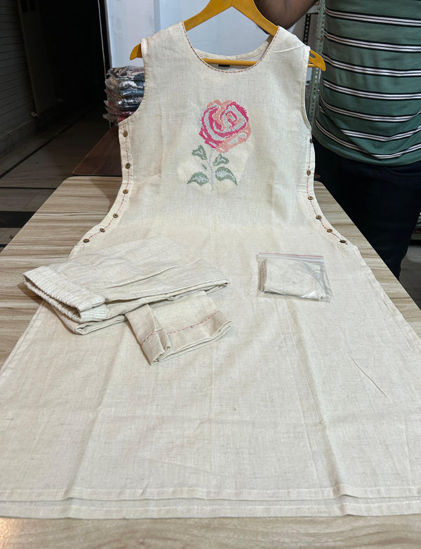 Rose Embroidery Khadi Cotton blend kurti pant set