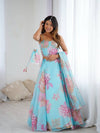 Sky Blue Floral Organza Party Wear Lehenga