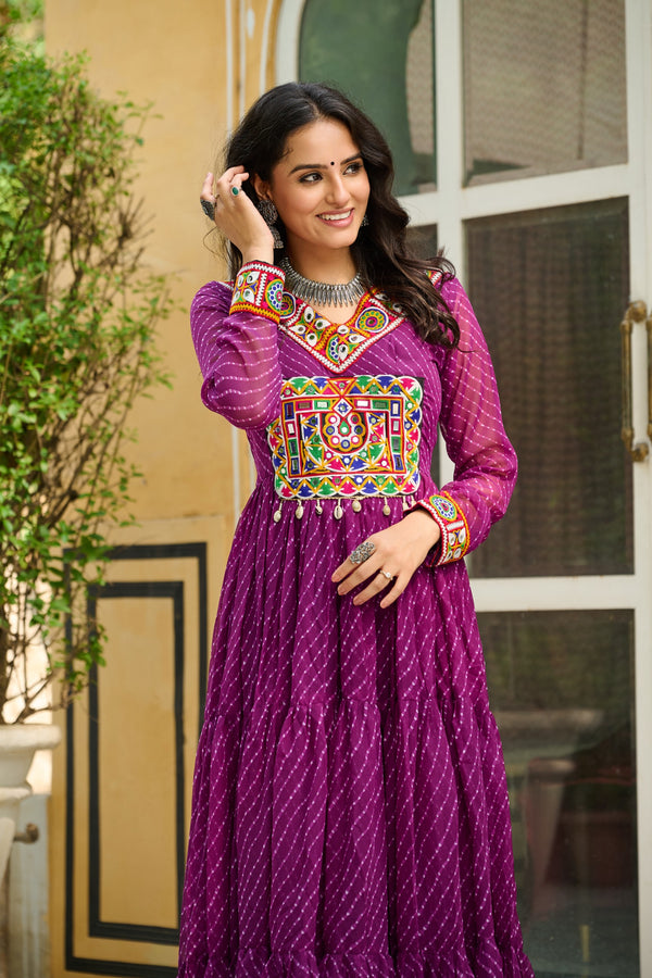 Purple Gamthi work Long Sleeve Fliary Ethnic Gown dress
