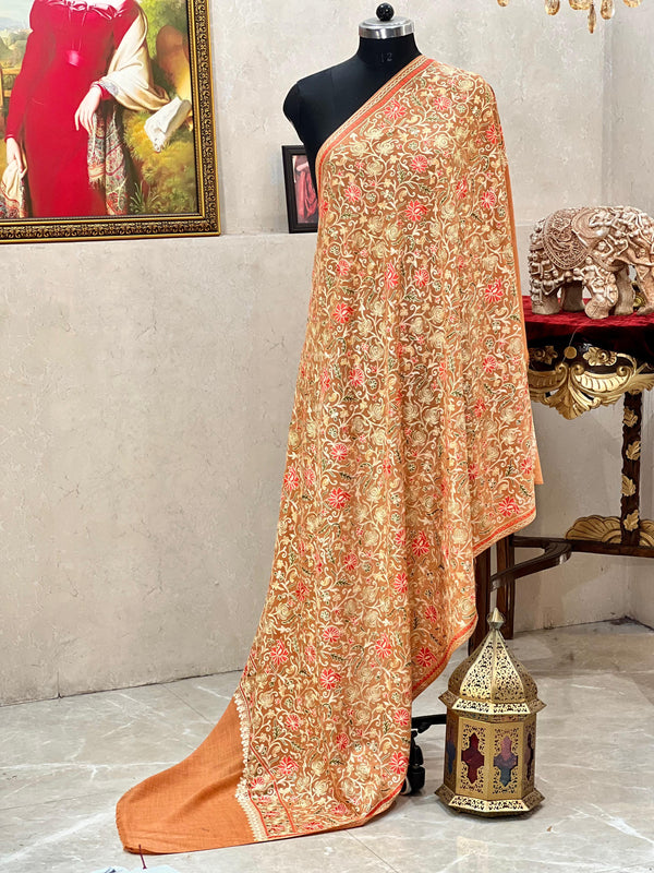 Soft Pashmina Nalki Kashmiri work Orange Shawl