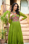 Green Gamthi work Long Sleeve Fliary Ethnic Gown dress