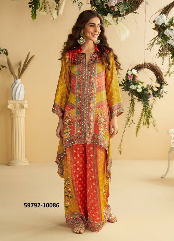 Party Wear assymetric Top Pallazo Digital Printed Set