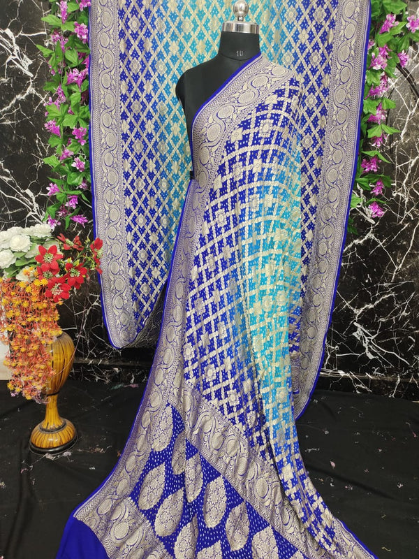 Pure Khaddi Georgotte Banarasi Nakshi Bandhej Saree in Dual Tone