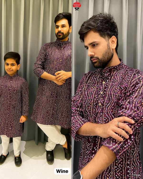 Wine purple Men's Indian Bandhni printed Kurta pant set