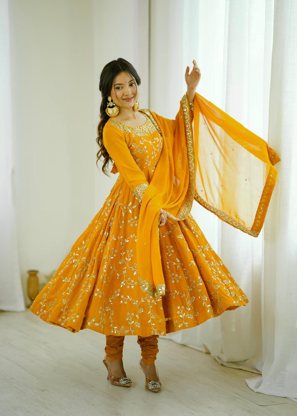 Golden Yellow Partywear Anarkali Salwar Suit
