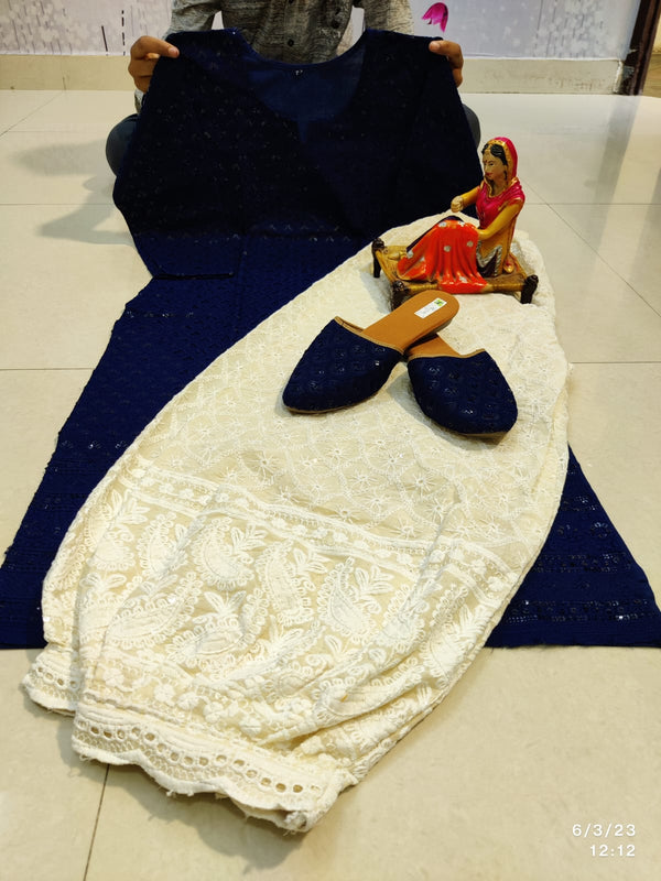 Navy Blue Sequin Chikankari Salwar Suit Afghani pant