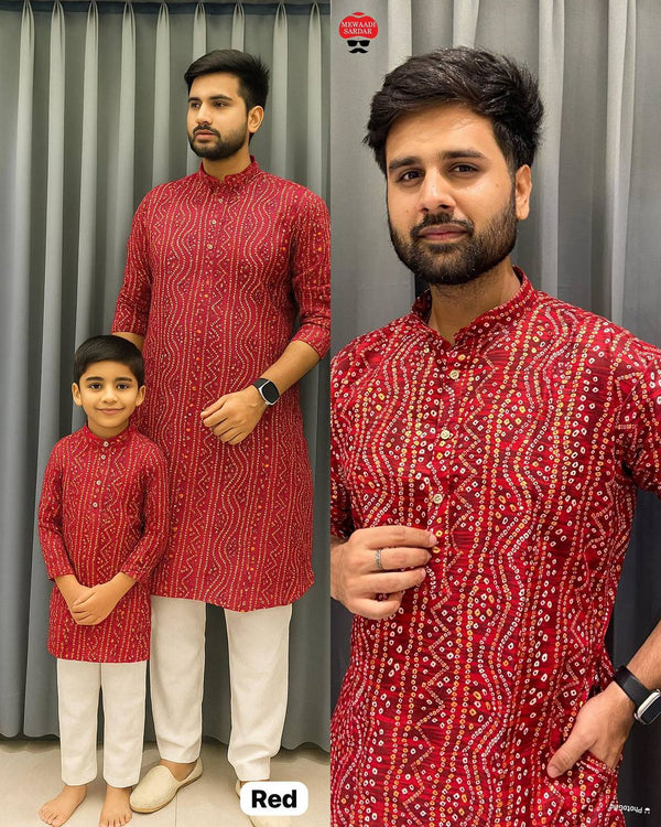 Red Bandhej Printed Rayon Men's kurta pant set