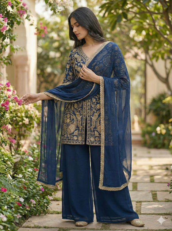 Indigo Blue Wear Sharara Heavy Faux Georgette Top Plazzo and Dupatta Set