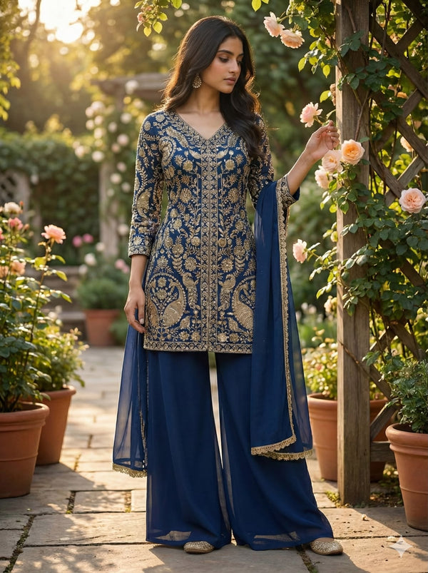Indigo Blue Wear Sharara Heavy Faux Georgette Top Plazzo and Dupatta Set