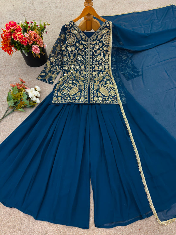 Indigo Blue Wear Sharara Heavy Faux Georgette Top Plazzo and Dupatta Set