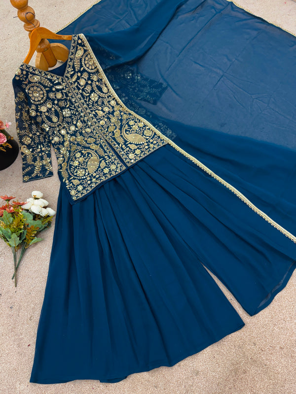 Indigo Blue Wear Sharara Heavy Faux Georgette Top Plazzo and Dupatta Set