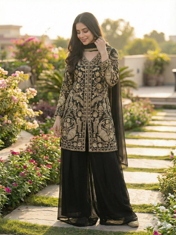 Black Party Wear Sharara Heavy Faux Georgette Top Plazzo and Dupatta Set