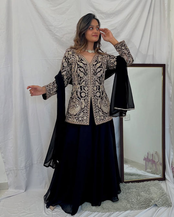 Black Party Wear Sharara Heavy Faux Georgette Top Plazzo and Dupatta Set