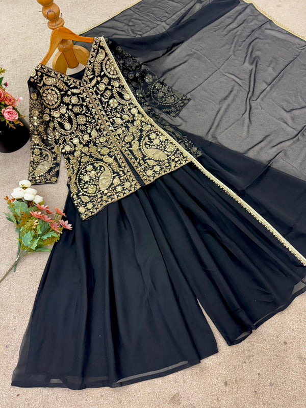 Black Party Wear Sharara Heavy Faux Georgette Top Plazzo and Dupatta Set