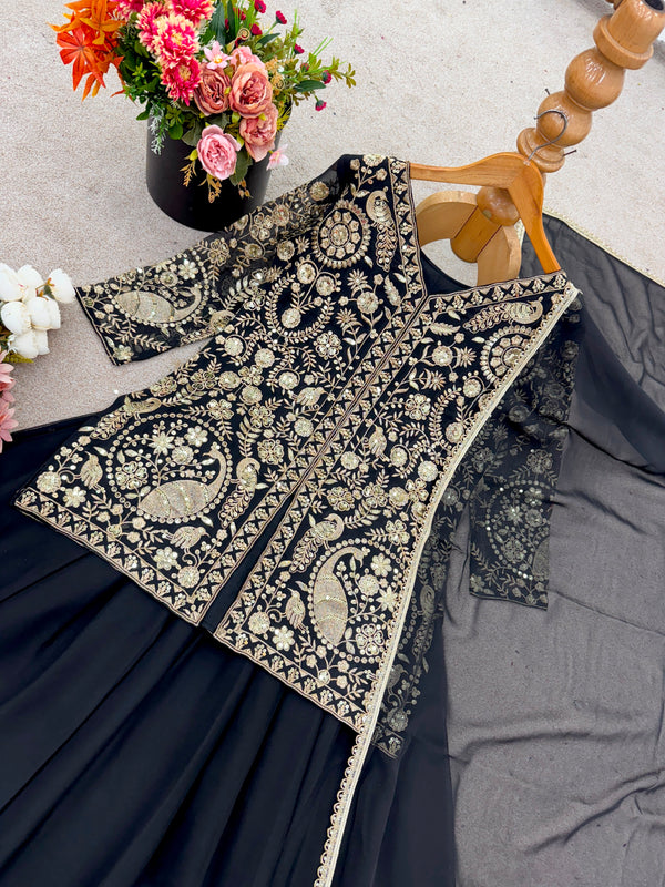 Black Party Wear Sharara Heavy Faux Georgette Top Plazzo and Dupatta Set