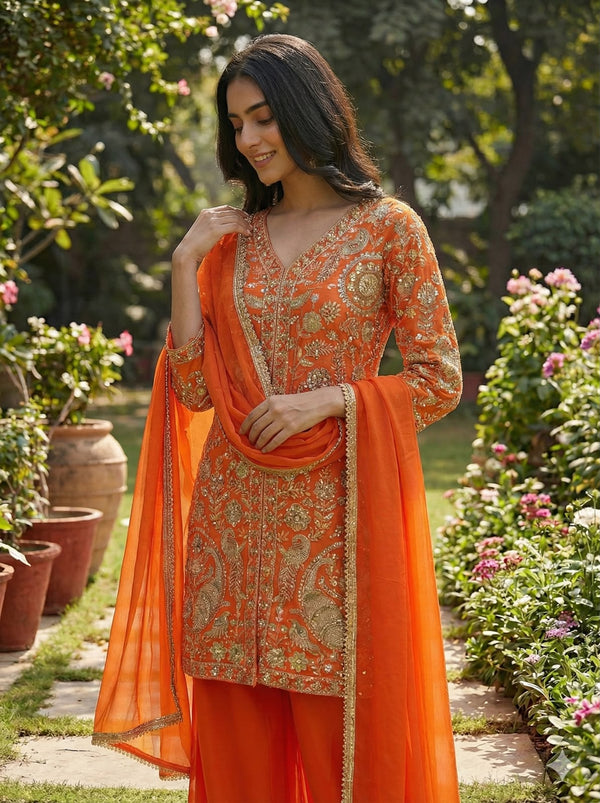 Orange Party Wear Sharara Heavy Faux Georgette Top Plazzo and Dupatta Set