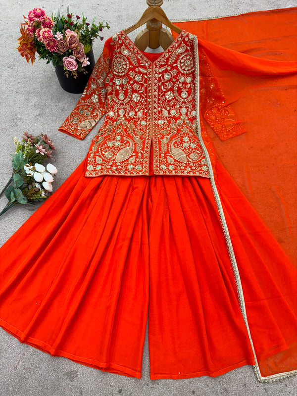Orange Party Wear Sharara Heavy Faux Georgette Top Plazzo and Dupatta Set