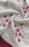 Classy Pink floral embroidery work saree on off white crush silk