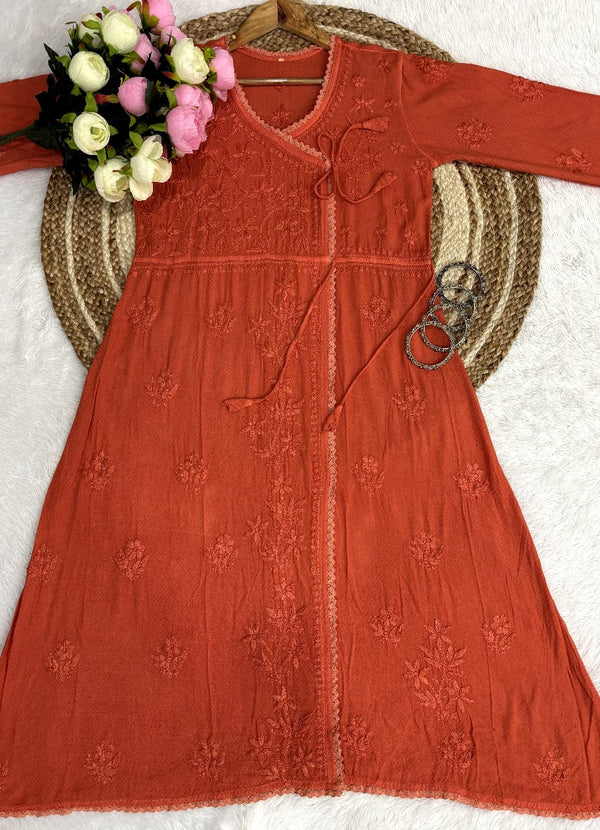 Pure Ghaspatti Chikankari Angarkha A line Kurti Top/Tunics