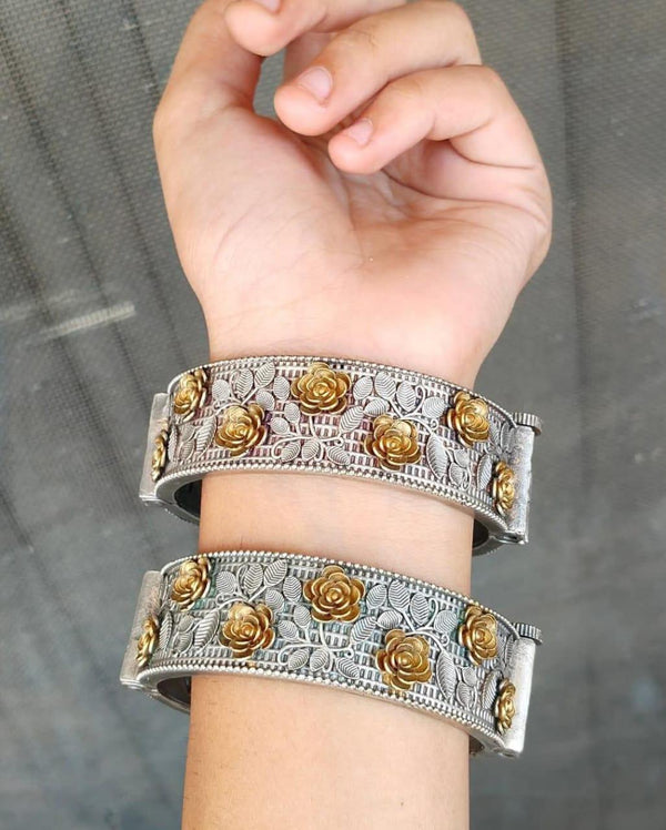 German Silver Dual tone Oxidized Rose and Petals Openable Kada Set of 2