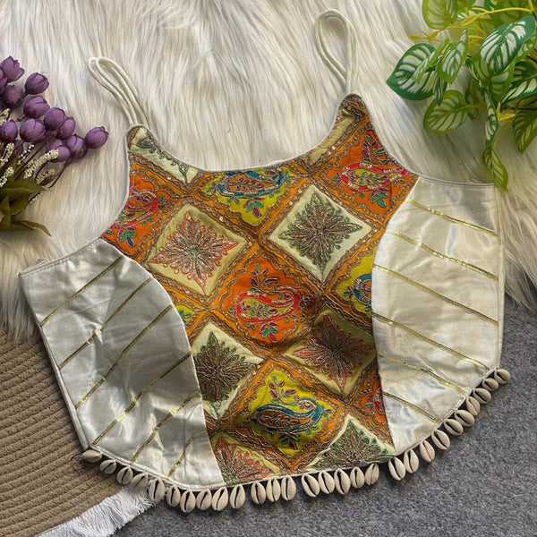 Off White Designer Strap Pure Silk Blouse with Real Kodi Border
